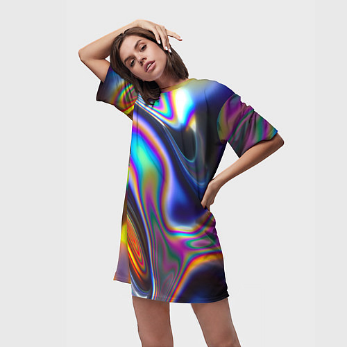Женская длинная футболка Жидкая голографическая бензиновая абстракция / 3D-принт – фото 3