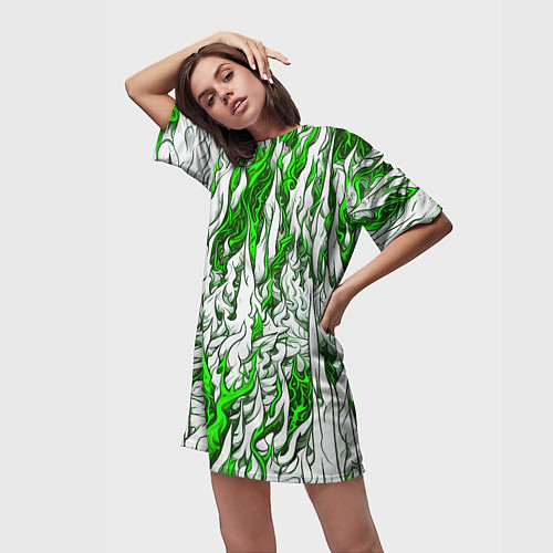 Женская длинная футболка Белый и зелёный узор / 3D-принт – фото 3