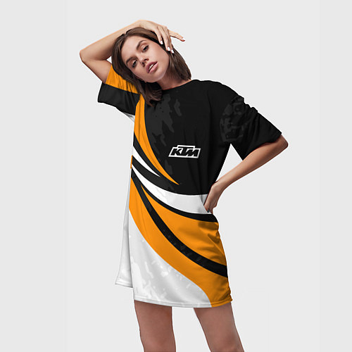 Женская длинная футболка КТМ - оранжевые вставки / 3D-принт – фото 3