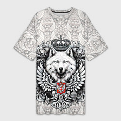 Футболка женская длинная Волк белый герб России, цвет: 3D-принт