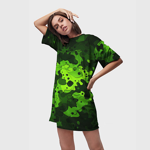 Женская длинная футболка Яркий неоновый зеленый камуфляж / 3D-принт – фото 3