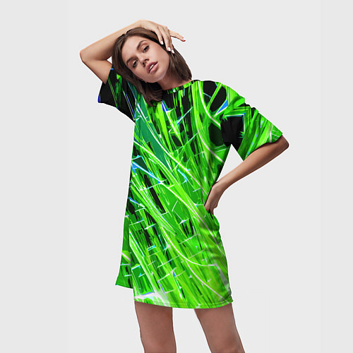 Женская длинная футболка Зелёные энергетические линии / 3D-принт – фото 3