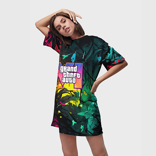 Женская длинная футболка GTA 6 logo абстрактные листья / 3D-принт – фото 3