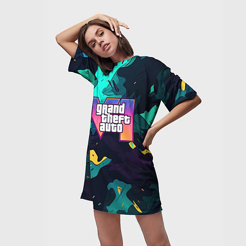 Женская длинная футболка GTA 6 logo яркий неоновый камуфляжный стиль / 3D-принт – фото 3