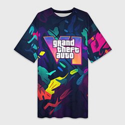 Футболка женская длинная GTA 6 logo яркий неоновый камуфляжный стиль, цвет: 3D-принт
