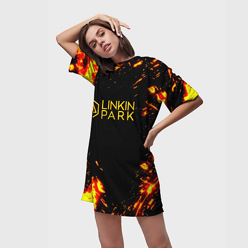 Женская длинная футболка Linkin park огненный стиль / 3D-принт – фото 3