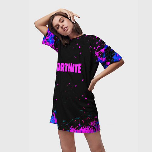 Женская длинная футболка Fortnite неоновые брызги красок / 3D-принт – фото 3