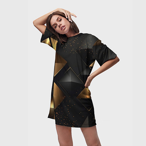 Женская длинная футболка Золотые и черные ромбики / 3D-принт – фото 3