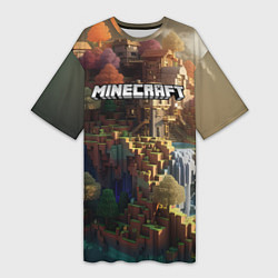 Футболка женская длинная Minecraft logo горы и реки, цвет: 3D-принт