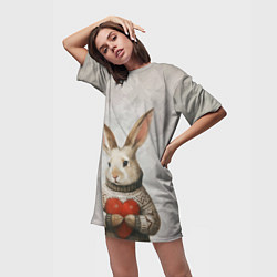 Футболка женская длинная Влюблённый кролик в свитере с сердцем, цвет: 3D-принт — фото 2