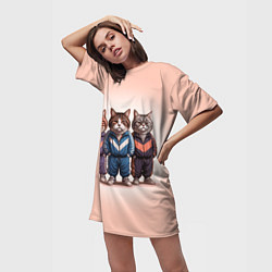 Футболка женская длинная Три полосатых кота в спортивных костюмах пацана, цвет: 3D-принт — фото 2