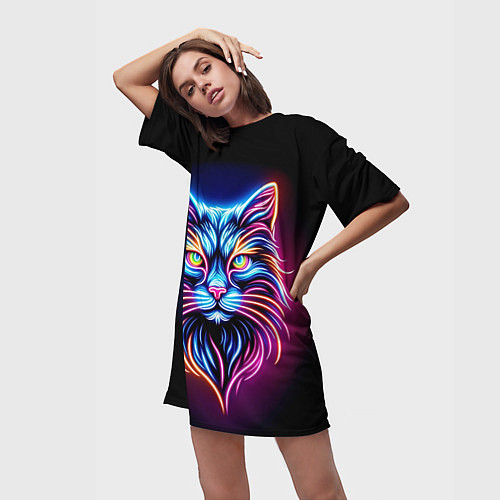 Женская длинная футболка Суровый неоновый кот / 3D-принт – фото 3