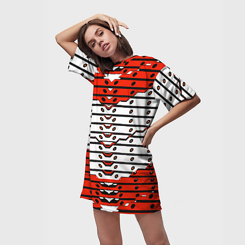 Женская длинная футболка Красно-белая техно броня / 3D-принт – фото 3