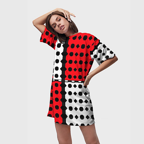 Женская длинная футболка Красно белое полотно и фигуры / 3D-принт – фото 3