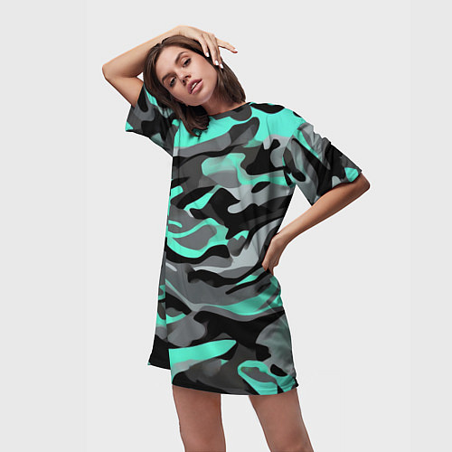 Женская длинная футболка Серо-бирюзовый камуфляж / 3D-принт – фото 3