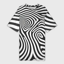 Футболка женская длинная Черно-белый водоворот - зебра исллюзия шкуры, цвет: 3D-принт