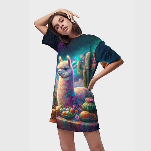 Женская длинная футболка Альпака и кактусы на столе / 3D-принт – фото 3
