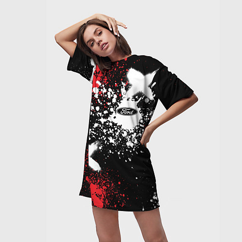 Женская длинная футболка Форд на фоне граффити и брызг красок / 3D-принт – фото 3