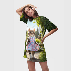 Футболка женская длинная Кошка в летнем платье в саду, цвет: 3D-принт — фото 2