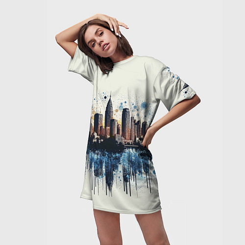 Женская длинная футболка Небоскребы в брызгах синей краски / 3D-принт – фото 3
