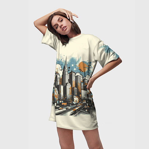 Женская длинная футболка Рисунок города с небоскребами / 3D-принт – фото 3