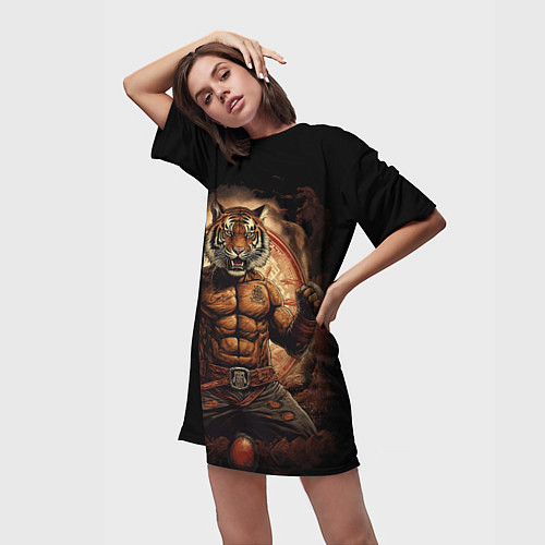 Женская длинная футболка Муай - Тай боевой тигр в перчатках / 3D-принт – фото 3