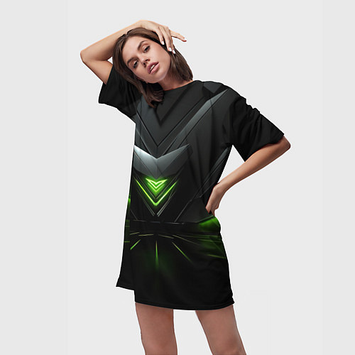 Женская длинная футболка Яркая зеленая абстрактная конструкция в стиле nvid / 3D-принт – фото 3
