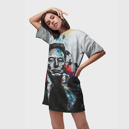 Женская длинная футболка Илон Маск граффити портрет на серой стене / 3D-принт – фото 3