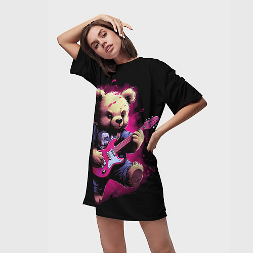 Женская длинная футболка Плюшевый медведь музыкант с гитарой / 3D-принт – фото 3