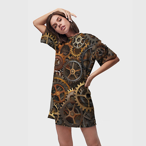 Женская длинная футболка Стимпанк ржавые шестеренки текстура / 3D-принт – фото 3