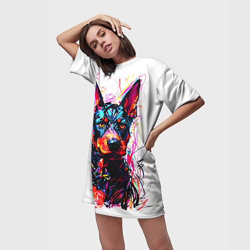 Женская длинная футболка Доберман маркерами / 3D-принт – фото 3