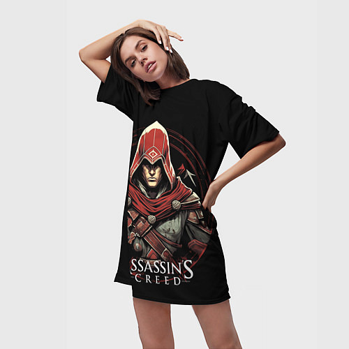 Женская длинная футболка Assassins creed в красном капюшоне / 3D-принт – фото 3