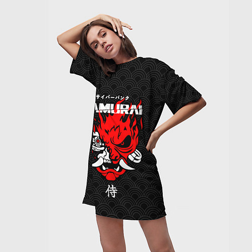 Женская длинная футболка Киберпанк 2077 - логотип самурая / 3D-принт – фото 3