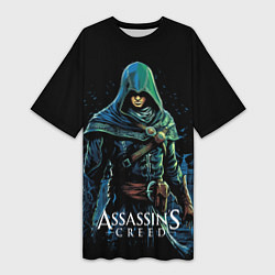 Футболка женская длинная Assassins creed персонаж нарисован на черном, цвет: 3D-принт