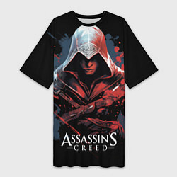 Футболка женская длинная Assassins creed красная краска, цвет: 3D-принт