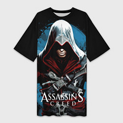Футболка женская длинная Assassins creed темный синий фон, цвет: 3D-принт