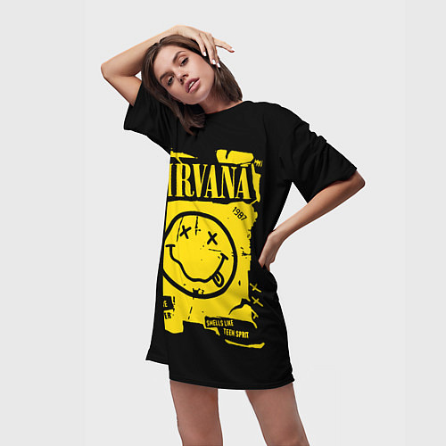 Женская длинная футболка Nirvana - смайлик / 3D-принт – фото 3