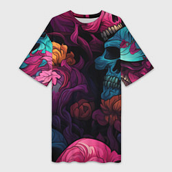 Футболка женская длинная Яркие цветы с черепами, цвет: 3D-принт