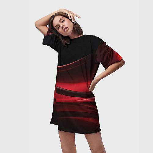Женская длинная футболка Темная красная абстракция на черном фоне / 3D-принт – фото 3