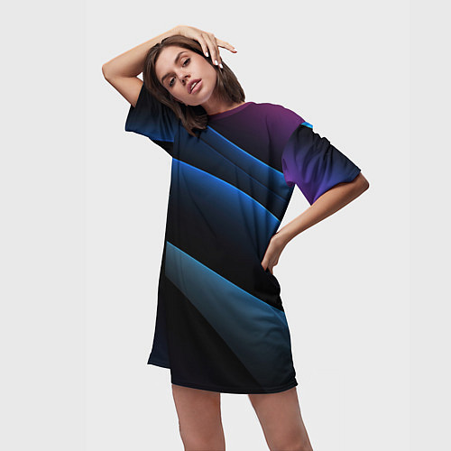 Женская длинная футболка Синий стильный абстрактный геометрический стиль на / 3D-принт – фото 3