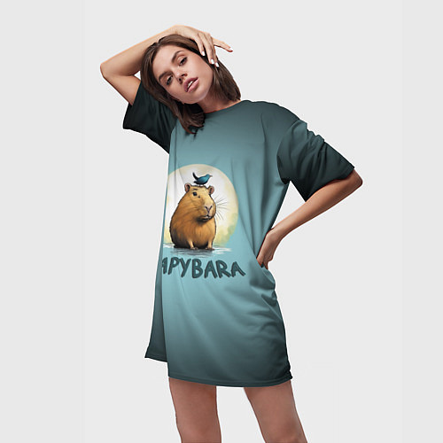 Женская длинная футболка Капибара с птичкой на голове / 3D-принт – фото 3
