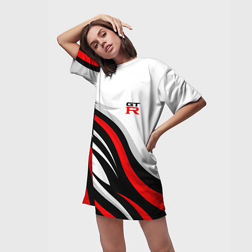 Женская длинная футболка Nissan GTR - красные языки пламени / 3D-принт – фото 3