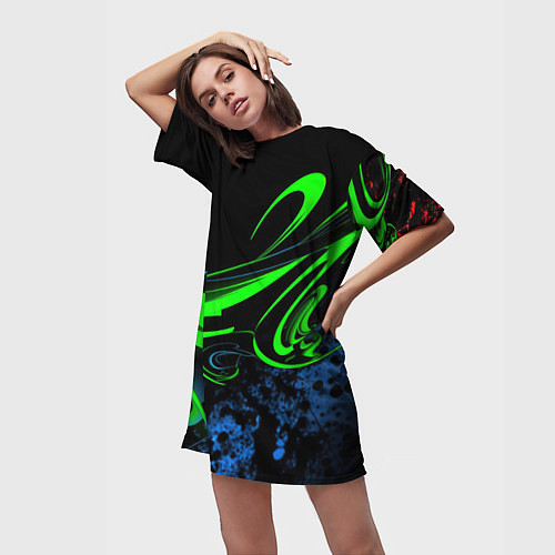 Женская длинная футболка Яркая зеленая краска на темной абстракции / 3D-принт – фото 3