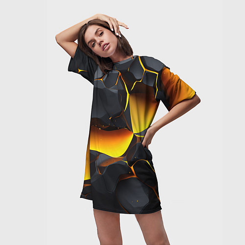 Женская длинная футболка Разлом черных плит и оранжевая лава / 3D-принт – фото 3