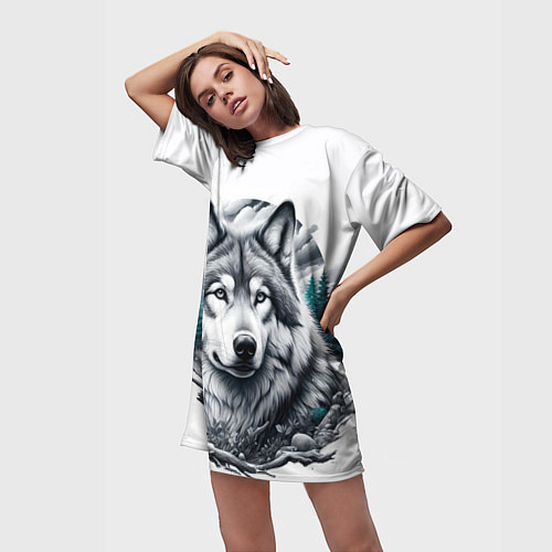 Женская длинная футболка Волк и природа / 3D-принт – фото 3
