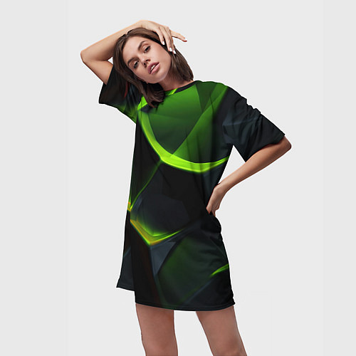 Женская длинная футболка Green neon abstract geometry / 3D-принт – фото 3