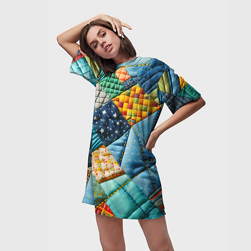 Женская длинная футболка Лоскутное одеяло - пэчворк / 3D-принт – фото 3