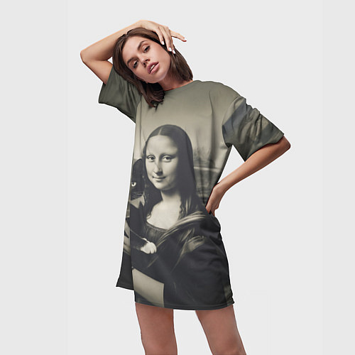Женская длинная футболка Мона Лиза держит кота в черно белом цвете / 3D-принт – фото 3
