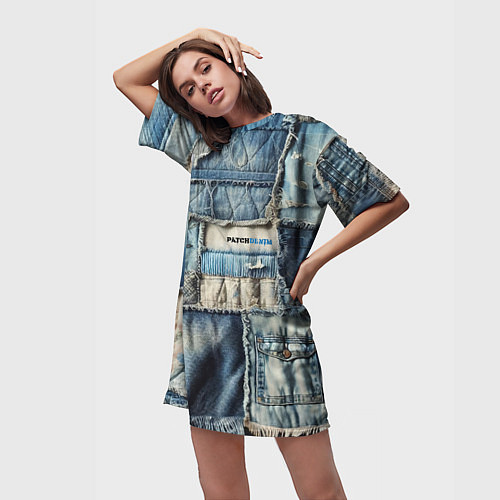 Женская длинная футболка Patchwork denim - vogue / 3D-принт – фото 3