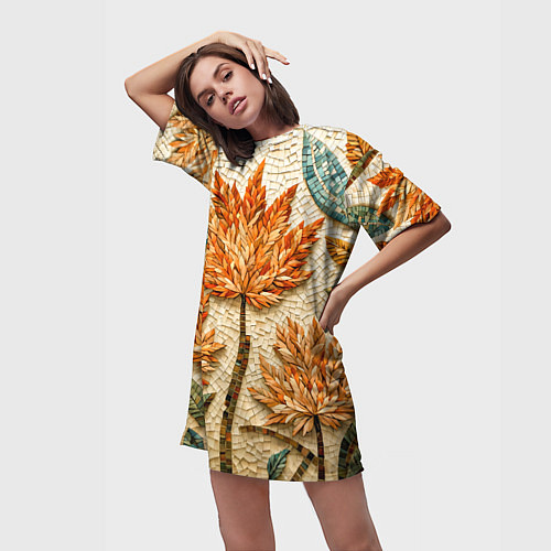 Женская длинная футболка Мозаика осенняя листва в теплых тонах / 3D-принт – фото 3